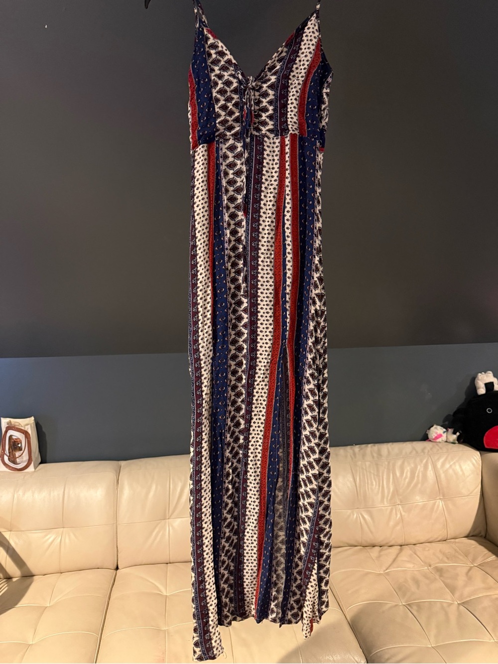 Striped V-Neck Maxi Dress in Navy, Red & White